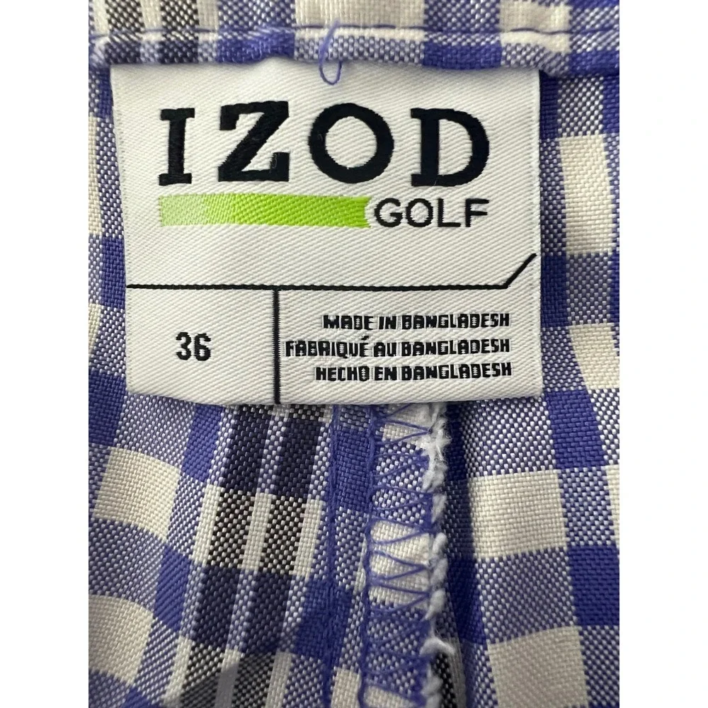 IZOD Golf Shorts Mens 36 Blue White Plaid Excellent Performance Flat Front